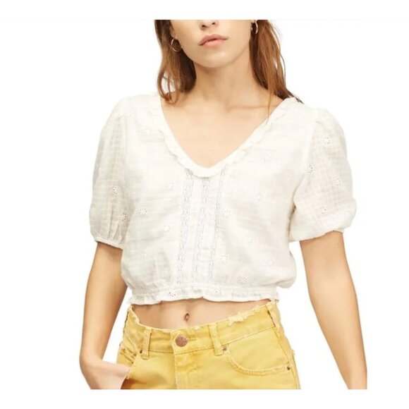 BILLABONG WRANGLER Simply Sweet Crop Top L White Eyelet VNeck Puff Sleeve Ruffle - Picture 9 of 9